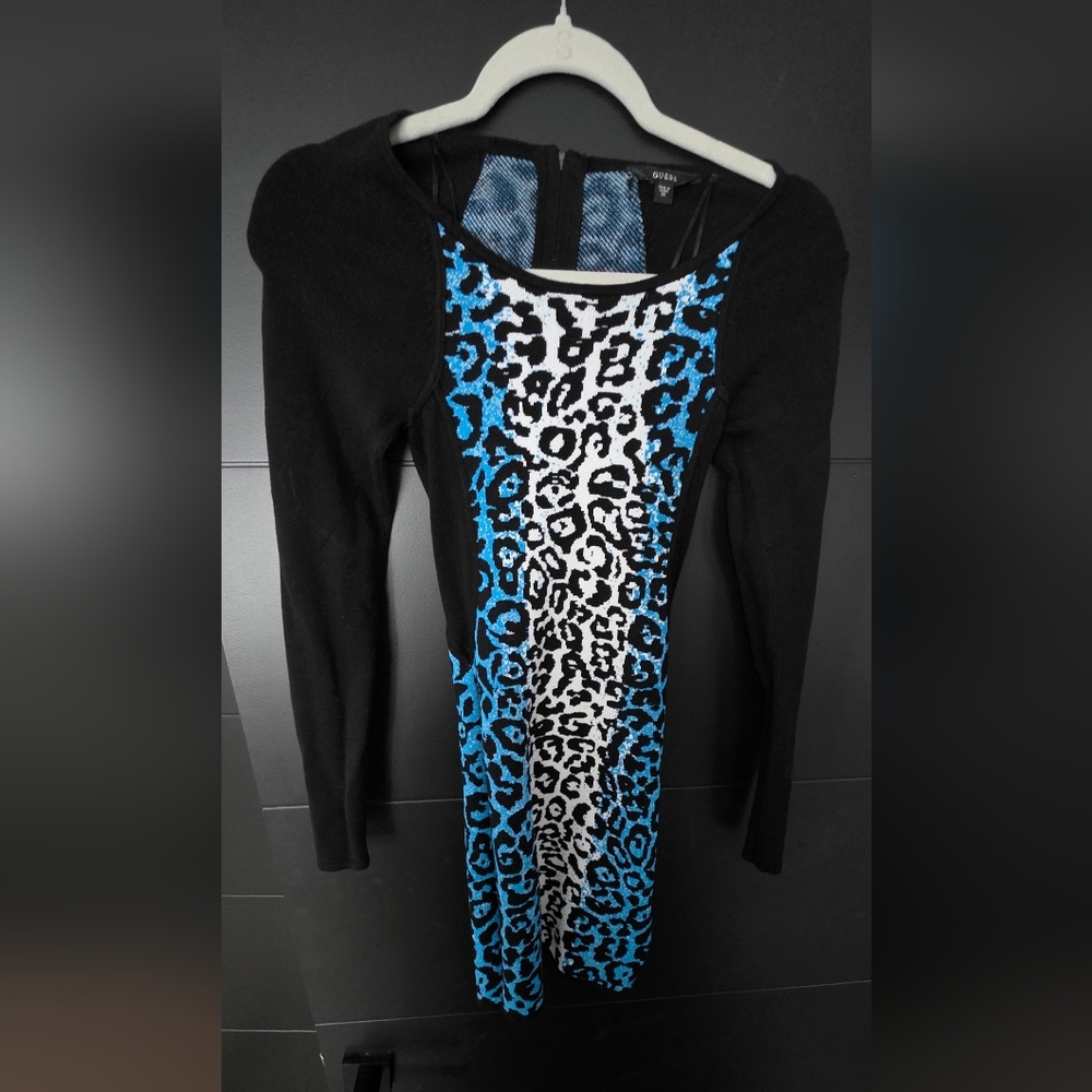 GUESS- Stylish Black and Blue Leopard Print sweater Dress